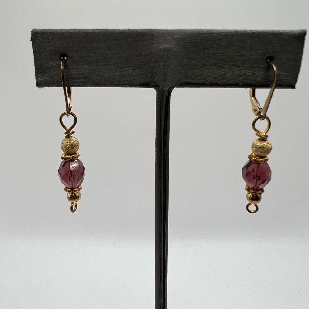 Pierced‎ Earrings Gold Tone Purple Acrylic Stone Dangle Drop